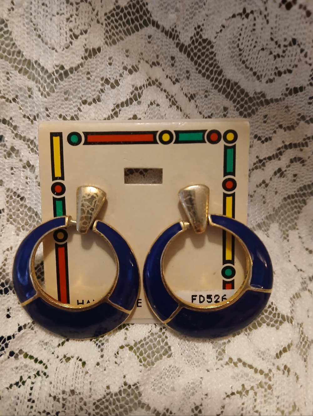 Vintage Handmade Navy Blue And Gold Toned Hoop Earrings